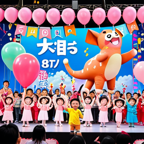 **

"A vibrant and cheerful Children's Day festival scene. Pinkfong is center stage, singing and dancing with children on a colorful stage decorated with balloons and streamers. Families are in the audience, smiling and waving light sticks. The backdrop features iconic Pinkfong characters. Japanese text 'こどもの日' is incorporated into the scene."

**