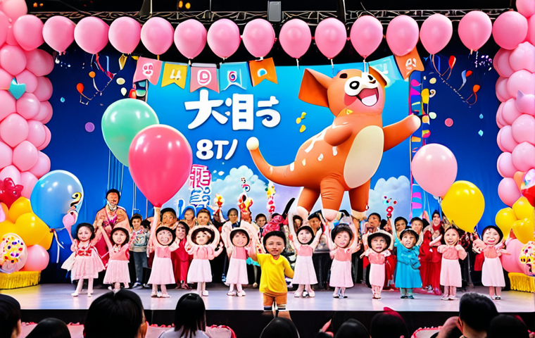 **

"A vibrant and cheerful Children's Day festival scene. Pinkfong is center stage, singing and dancing with children on a colorful stage decorated with balloons and streamers. Families are in the audience, smiling and waving light sticks. The backdrop features iconic Pinkfong characters. Japanese text 'こどもの日' is incorporated into the scene."

**